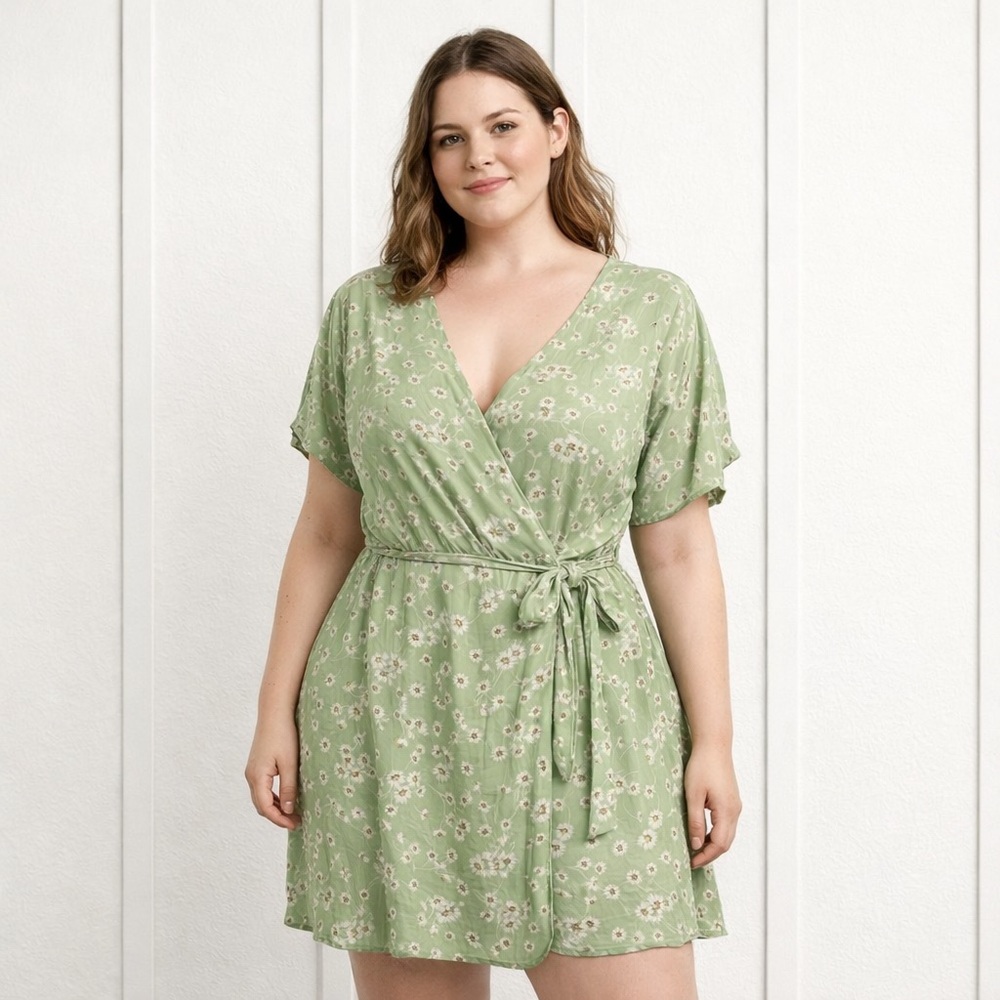 All In Favor Sage Green Floral Wrap Dress | Size L | Adjustable Waist